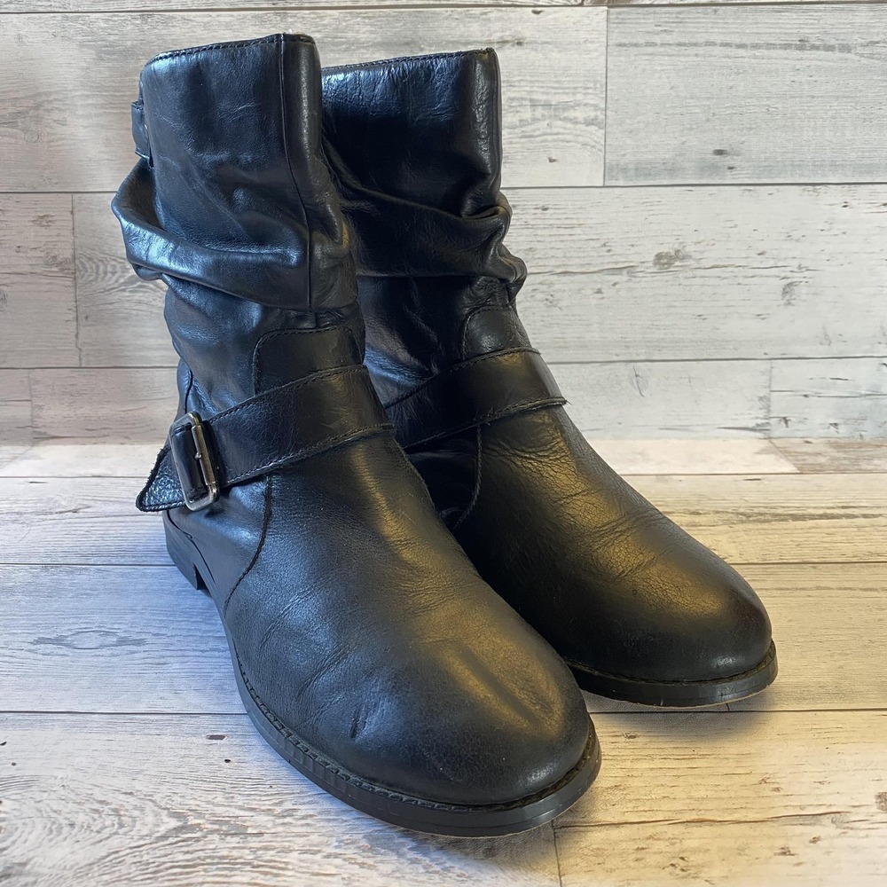 Arturo Chiang Boots‎ Womens 9.5 M Black Leather AT-Corral Buckle Biker Mid Calf